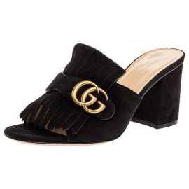 Gucci Black Suede GG Marmont Fringed Slide Sandals at 1st Dibs